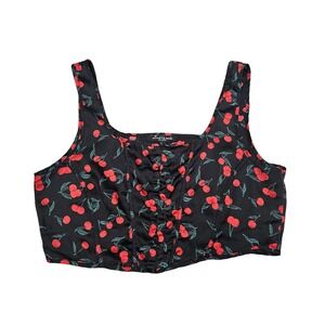 Mixed Threads Cherry Print Cropped Top‎ Womens Large Black Red Retro Rockabilly